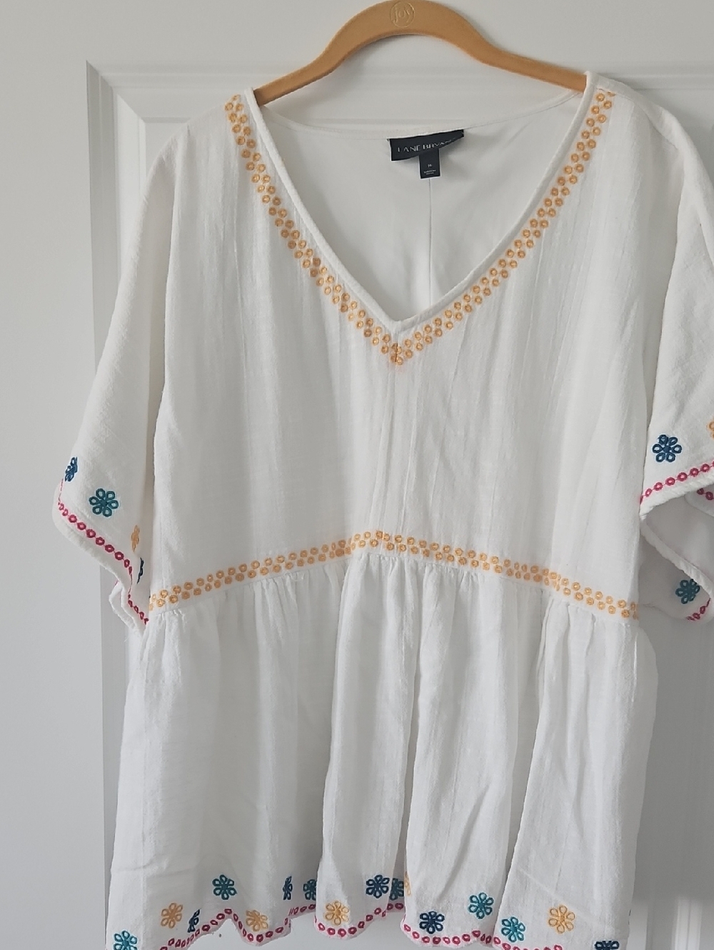 Lane Bryant White Embroidered V-Neck Peasant Top